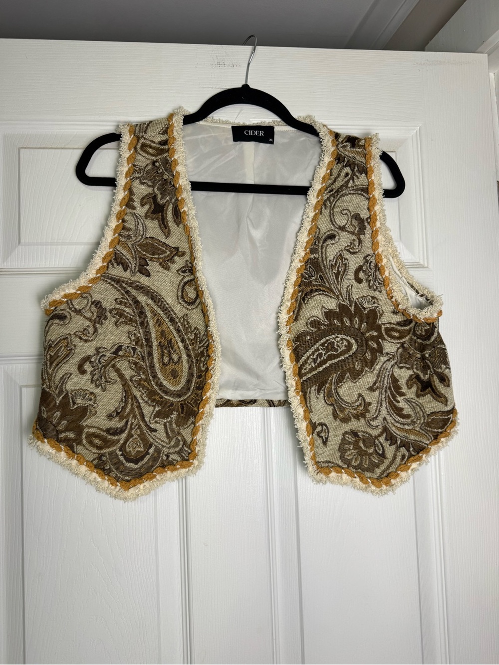 Cider Paisley Fringe Crop Vest in Brown and Cream